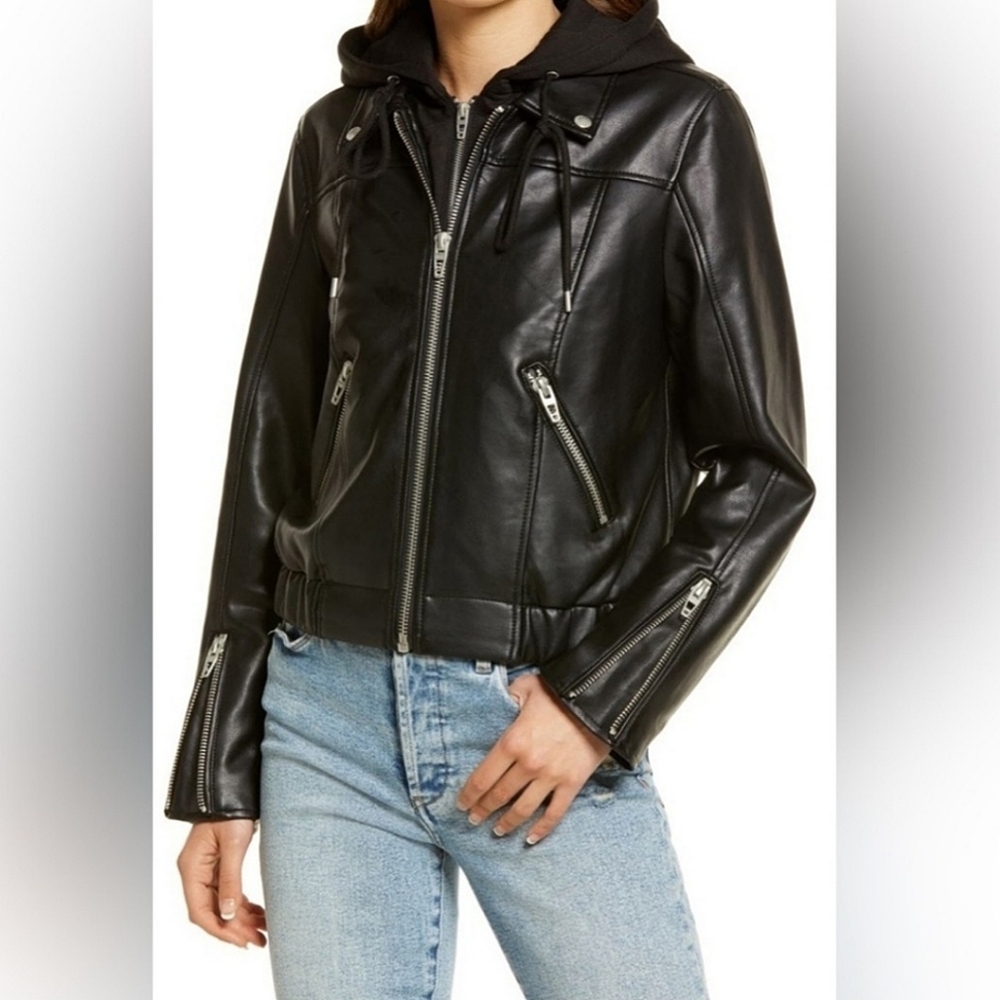 Blank NYC Faux Leather Detachable Hoodie Lined Semi-Cropped Motorcycle Jacket